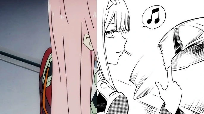 Cena de Zero Two transformada em nave para a batalha final.