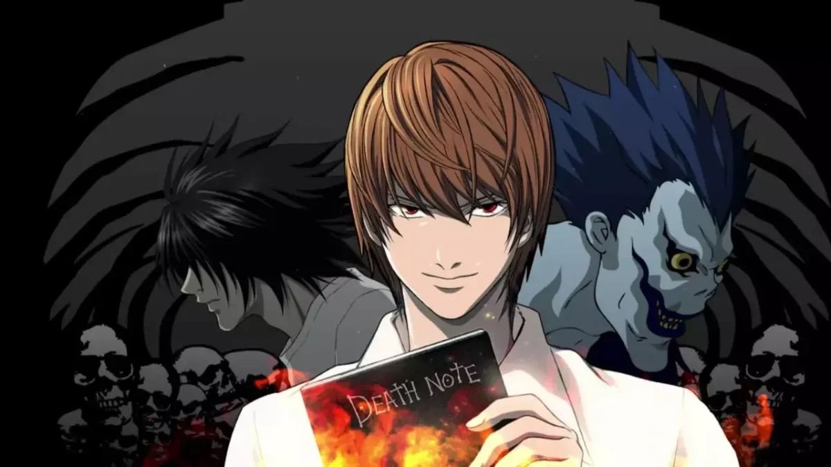 Light Yagami segurando o Death Note com expressão determinada