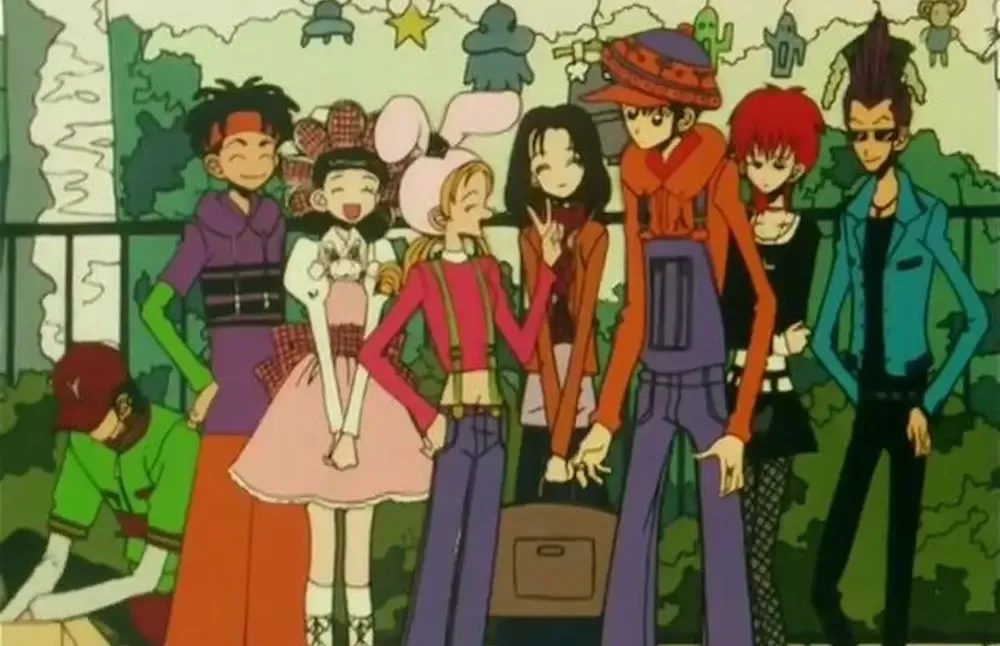 Arte promocional de *Gokinjo Monogatari* com os personagens principais em um momento de descontração.