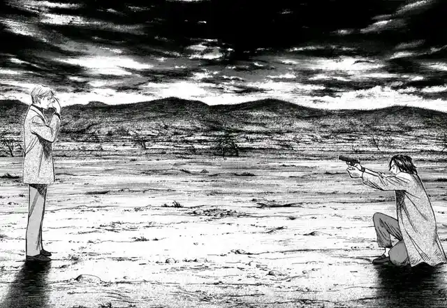 Cena do mangá mostrando Johan de costas diante de uma janela escura.