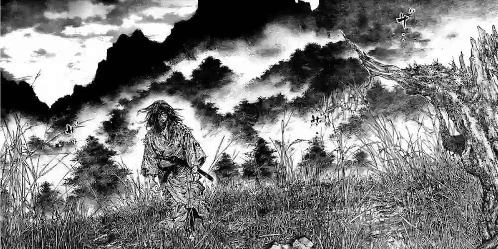 Arte de Inoue mostrando um duelo silencioso entre Musashi e Sasaki Kojiro.